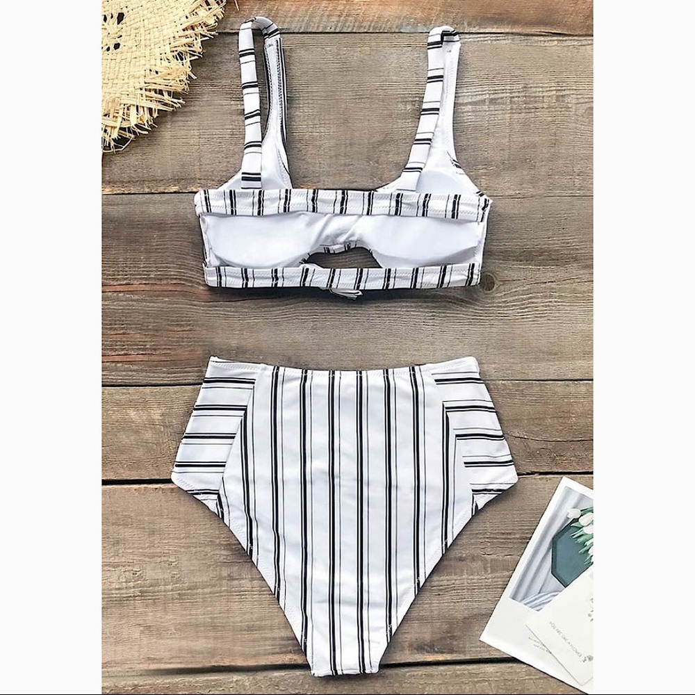 Cupshe Navy White Striped High Waisted Bikini Sz S - Picture 4 of 5